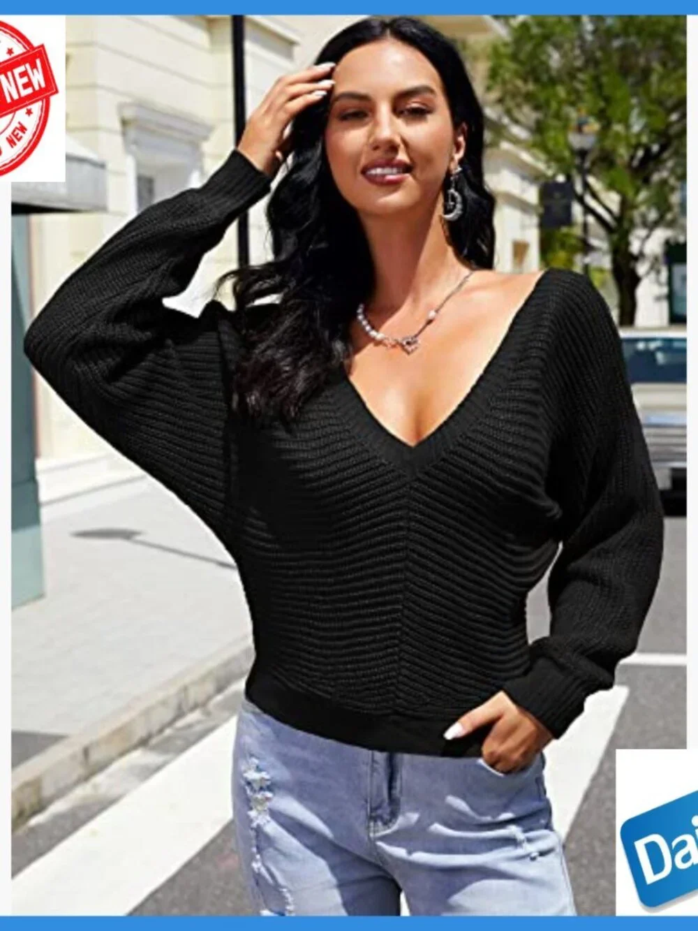 Cropped Ribbed Sweater V-Neck Backless Tie Loose Fit Batwing Sleeve